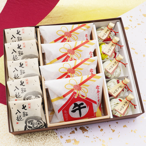 迎春菓詰め合わせ 七転八起5個迎春どら焼き午4個栗大納言5個