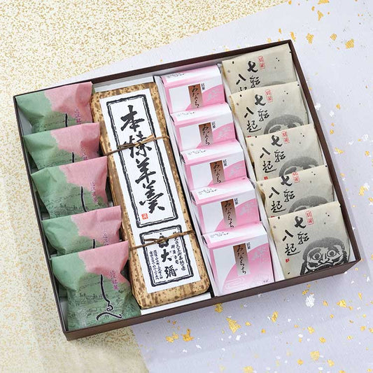 和菓子詰め合わせ　しるべ5個本煉羊羹1棹みなくち5個七転八起5個